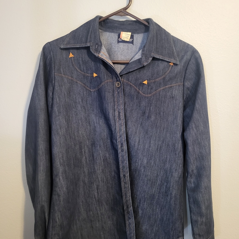 Denim Button-Up Shirt with Triangle Accents